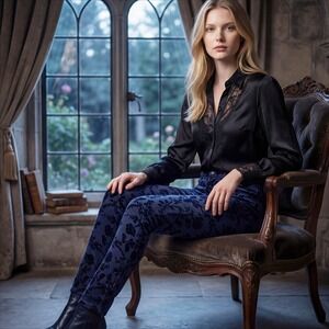 Old Navy Pixie Mid Rise Navy Black Floral Velvet burnout Pants 4 Dark Romantic